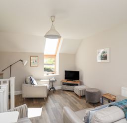 A sitting room with armchairs a television and a skylight window at Riverside Lodge in Alnmouth