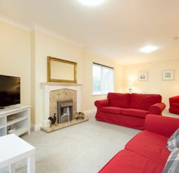 A living room with red sofas a television on a white stand and a fireplace at Summerfold in Warkworth