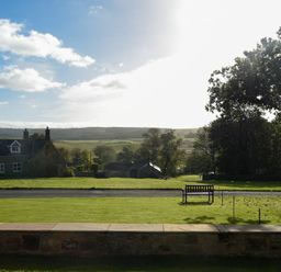 A grassy yard with a wooden bench and stone wall with a house and trees in the background at Rose Cottage Elsdon