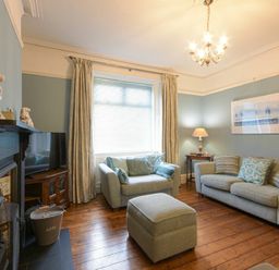 A living room with sofas a fireplace a wooden floor and a television at Nettie's View in Amble