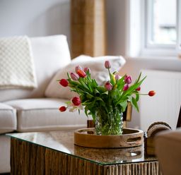 A living room with a vase of pink and red tulips on a glass coffee table at Polished Pebble in Beadnell
