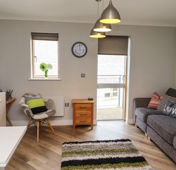 A living room with a gray sofa and patterned cushions a striped rug two windows a wall clock and a white table at Puffin View in Seahouses