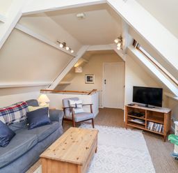 A living room with a sofa a chair a wooden coffee table a TV on a wooden stand and a skylight window at Coach House (Alnmouth) in Alnmouth