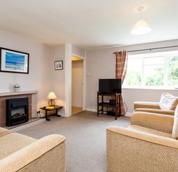 A living room with two armchairs a fireplace a lamp a TV on a stand and a window with curtains at Bilton Farm Cottage No2 in Alnmouth