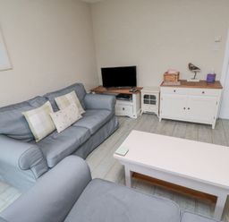 A living room with a gray sofa armchair coffee table TV and a cabinet at Curlew Cottage in Seahouses