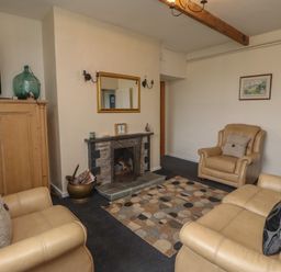 A living room with beige armchairs a TV on a wooden cabinet a fireplace and a rug at Budle Bay Cottage in Bamburgh