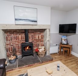 A living room with a fireplace and television at Heather Cottages - Godwit in Bamburgh