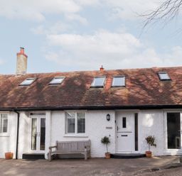 A white cottage with a bench two potted plants and multiple skylights at Old Stable Cottage in Alnmouth
