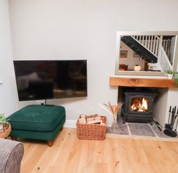 A living room with a wood burning stove mirror and television at Old Stable Cottage in Alnmouth