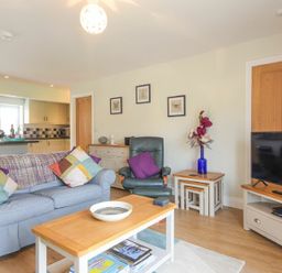 A living room with a blue sofa and colorful pillows a coffee table a green armchair framed pictures on the wall and a television at Schooner Court No1 in Alnmouth