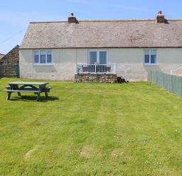 A grassy backyard with a picnic table and a row of cottages with small patios at Seaview Howick in Craster