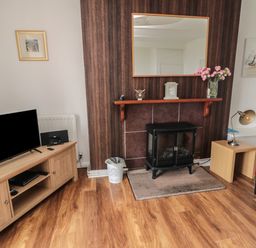 A living room with a television on a wooden stand a black stove on a rug a wooden side table with a lamp and a striped chair at South Cottage Howick in Craster