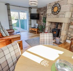 A living room with a fireplace and sofa at Greenfinch in Lucker
