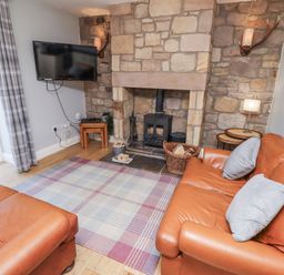 A living room with a fireplace and sofa at Rosefinch in Lucker