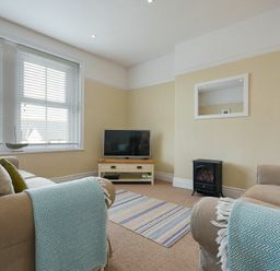A living room with two sofas a television on a stand and a small electric fireplace at Coastal Haven in Seahouses