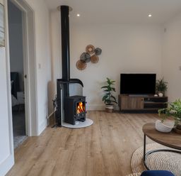 A living room with a wood burning stove television on a stand round coffee table and plants at The Bungalow in Lyme Regis