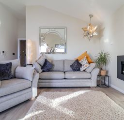 A living room with grey sofas and cushions a decorative mirror a standing lamp a plant and a fireplace at The Penthouse in Woodbridge
