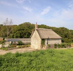 A stone cottage with a thatched roof surrounded by greenery and outbuildings in a rural setting at Dairy Cottage in Abbotsbury