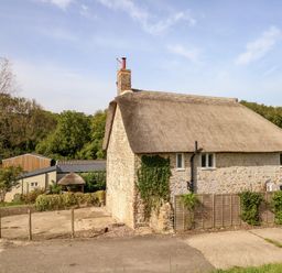 A stone cottage with a thatched roof surrounded by trees and a paved area at Dairy Cottage in Abbotsbury