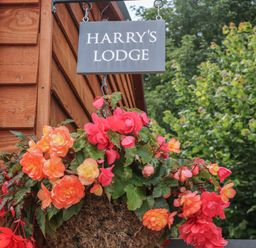 A wooden exterior wall with a sign that reads Harry's Lodge and a hanging basket of flowers in front of green trees at Harry's Lodge in Ashover