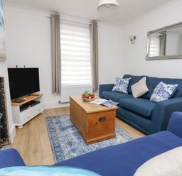 A living room with a blue sofa and armchair a wooden chest as a coffee table a television on a stand a rug on the floor and a mirror on the wall at Day Cottage in Weymouth
