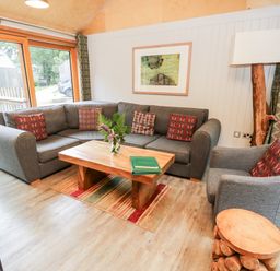 A living room with a gray corner sofa, wooden coffee table, armchair, floor lamp, and large windows at Lodge 6 in Corfe Castle
