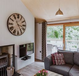 A living room with a wall clock sofa television and a fireplace next to sliding glass doors at Lodge 12 in Corfe Castle