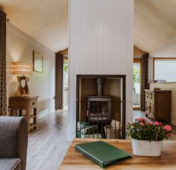 A living room with a wooden coffee table with a green book and a flower pot a fireplace in the center and wooden furniture at Lodge 16 Corfe Castle