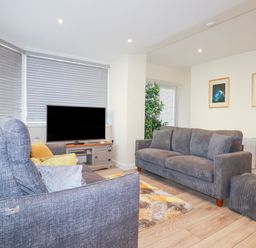 A living room with two gray sofas a television on a stand and framed pictures on the wall at Falcon House in Tintagel