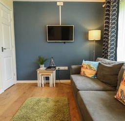 A living room with a gray sofa with printed cushions a green rug a floor lamp a wall-mounted TV and a set of nesting tables with a plant at 12 The Dell in Mundesley