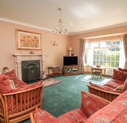 A living room with red sofas green carpet fireplace and a large window at Bolger House in Ballintubbrid near Kilmuckridge County Wexford
