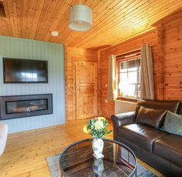 A living room with a leather sofa a glass coffee table with flowers a wall-mounted tv and fireplace at Moyle Lodge in Dalbeattie