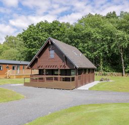 A gravel driveway leading to a wooden cabin with a deck and a picnic table on the grass near a forest at Moyle Lodge in Dalbeattie