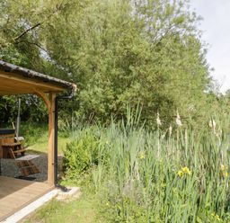 A wooden cabin porch with a patterned chair next to tall reeds and trees by a riverside at Kingfisher in Dunchurch