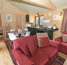 An open living area with red sofas, round dining table with white chairs, kitchen with green cabinets and appliances and wooden walls at Willow in Dunchurch