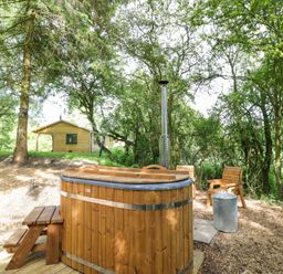 An outdoor area with a wooden hot tub a wooden chair and a small wooden house surrounded by trees at Willow in Dunchurch