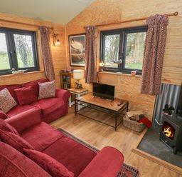 A sitting room with red sofas a wood burning stove and windows with patterned curtains at Willow in Dunchurch