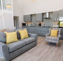 An open-plan living room with a grey sofa with yellow cushions a plaid armchair with a yellow cushion a wooden dining table with white chairs and a kitchen with grey cabinets and appliances at Willow Cottage in Combe Martin