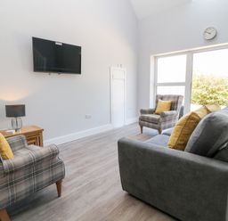 A living room with two plaid armchairs and a gray sofa with yellow pillows a wall-mounted TV and a wooden side table with a lamp at Willow Cottage in Combe Martin