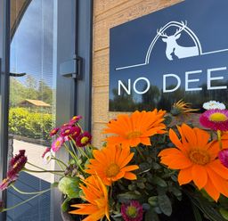 A door with a sign and flowers at No Deer in Ashbourne