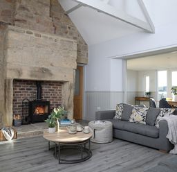 A living room with a stone fireplace and wood stove a gray sofa with cushions and a coffee table with plants at Ash Cottage in Lucker near Warenford