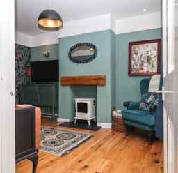 A living room with a teal armchair a wood floor a small white stove a television on a green cabinet and a framed picture on the wall at Rose Cottage in Bishopsteignton