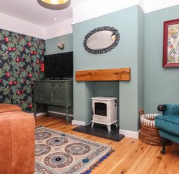 A living room with a teal armchair a patterned rug a small white stove a wooden mantel and a green TV cabinet at Rose Cottage in Bishopsteignton