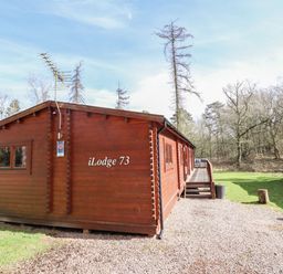 A wooden lodge with an antenna and a small deck in a wooded area at iLodge 73 Kenwick near Louth