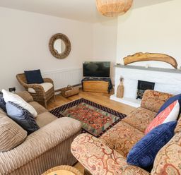 A living room with two sofas a wicker chair a fireplace and a television at Glynderi in Cilgerran