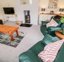 A living room with green leather armchairs a wooden coffee table a television and a fireplace at The Glen in Carndonagh County Donegal