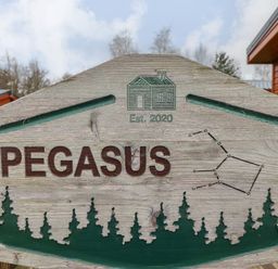 A wooden sign with the word Pegasus a cabin illustration an Est 2020 text and tree silhouettes at Felmoor Park