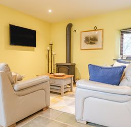 A living room with two leather armchairs a wood stove a wall mounted tv and a window at Bradley Stables in Withypool