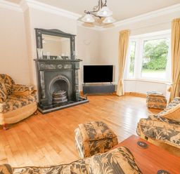 A living room with patterned armchairs a black fireplace a television and a window with curtains at Cloughoge House in Kilrush County Clare