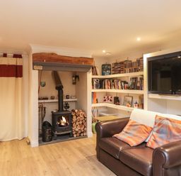 A living room with a brown leather sofa, a wood burning stove with stacked logs, bookshelves, and a television at Lime Court Barn in Sheepwash
